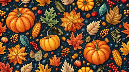 Canvas Print - Seamless autumn pattern with colorful leaves, pumpkins, and berries on a dark background, fall, seasonal, design