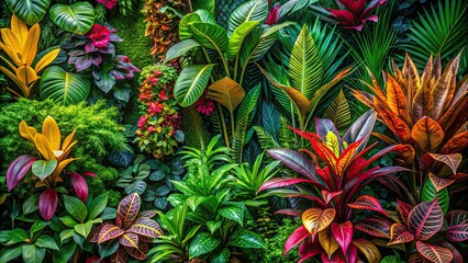 Sticker - Vibrant tropical plants creating a lush living painting , rainforest, foliage, greenery, vibrant, rich, lush, colorful