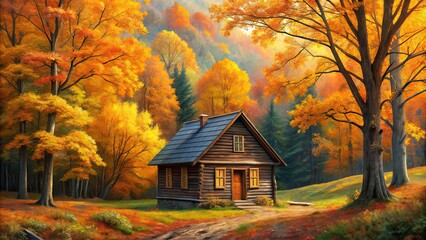 Wall Mural - Small wooden house nestled among orange and yellow autumn trees, captured in an artistic oil painting on canvas, autumn, trees