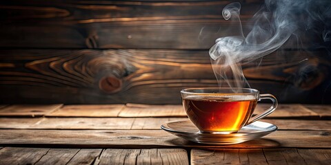 Canvas Print - Steaming cup of tea on a rustic wooden table, beverage, drink, hot, refreshment, cozy, relaxing, morning, tea time