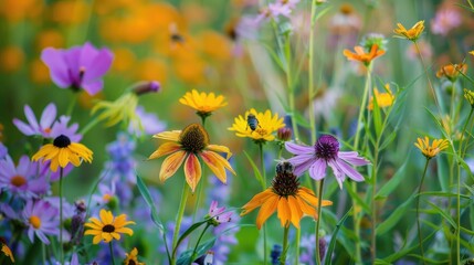Wall Mural - Colorful Summer Wildflowers Hosting Bees and Pollinators