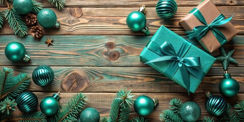 Wall Mural - Top view of festive teal Christmas decorations and wrapped presents on a wooden background, Christmas, decorations, festive