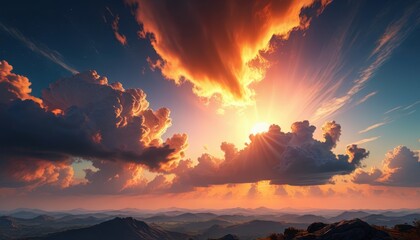 Wall Mural - Dramatic Sunset Over Mountains with Golden Clouds.