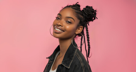 An African American woman with a warm smile and braided hair against a pink background. Her glowing skin and joyful expression emphasize her natural beauty.