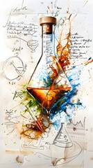 Poster - Conceptual Scientific Experiment with Hydrometer and Crayon Sketches in Laboratory Flask