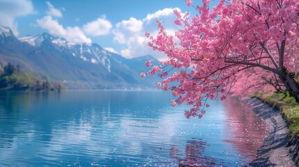 Wall Mural - Scenic Spring Lake with Blooming Cherry Blossoms - Generative AI