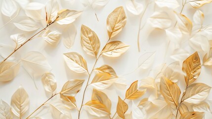 Elegant gold and white leaves patterned wallpaper on a white background in close-up.