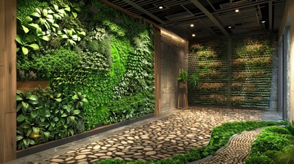 Wall Mural - An office lobby with a green wall featuring a variety of aromatic herbs, creating a scent garden, and a floor with a cobblestone path design