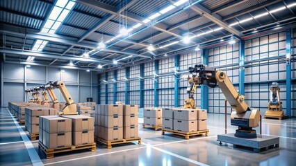 high-tech industrial robots efficiently organize boxes on pallets in a sleek, modern warehouse under