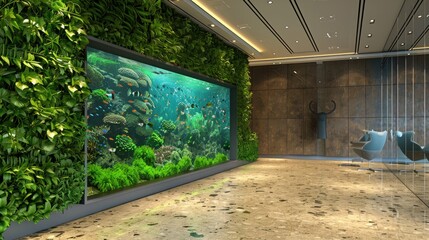 Wall Mural - An office lobby with a green wall that has an integrated aquarium, creating a serene underwater scene, and a floor with a sandstone tile finish