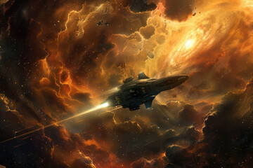 a spaceship flying through a cosmic storm