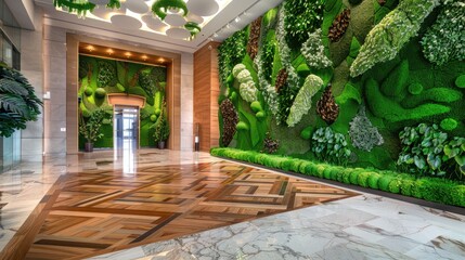 Wall Mural - An office lobby with a green wall that doubles as an art piece, featuring sculpted topiary, and a floor with artistic, inlaid wood patterns