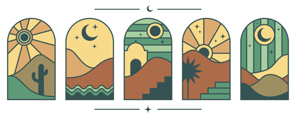 Wall Mural - boho logo with desert mountains and cactus. bohemian vector minimal illustration. abstract windows w