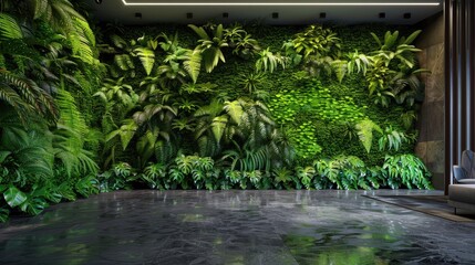 Wall Mural - An office lobby with a green wall designed as a vertical rainforest, featuring a variety of ferns and vines, and a floor with a dark, jungle floor pattern