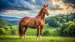 © Man888 - Majestic chestnut brown horse with a gleaming coat and alert expression standing alone in a lush green meadow landscape.