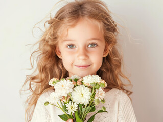 Crisp photo of a smiling child holding a bouquet of fresh flowers, symbolizing pure joy, Happiness, Child and flowers