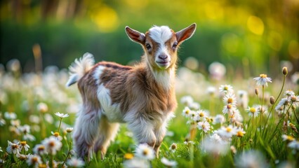 Wall Mural - Adorable baby goat with fluffy white and brown fur standing on a green meadow surrounded by blooming flowers alone peacefully.