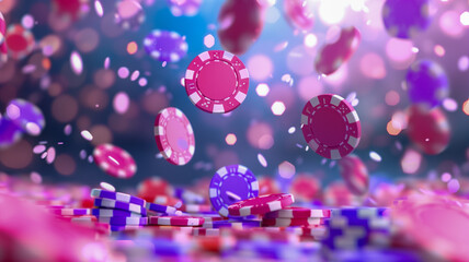 A dynamic scene of colorful casino chips floating in mid-air with a soft focus background, capturing the excitement of gambling.
