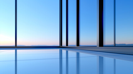 Wall Mural - Interior view of a modern building with large glass windows overlooking a serene sunrise and distant mountains.
