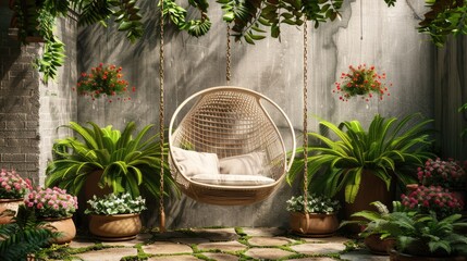 A cozy garden patio with a hanging swing chair, surrounded by potted ferns and blooming geraniums, perfect for relaxation.