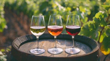 Photograph of three glasses with white, rose and red wine on wooden barrels in a vineyard.