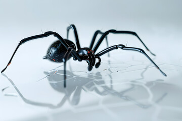 Wall Mural - Closeup of a black widow spider crawling on a white glossy surface