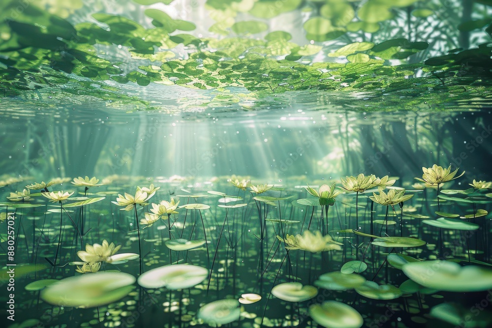Beautiful underwater view of a serene pond with lily pads, sunlight ...