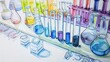 © Naput - Beakers and flasks arranged neatly on a lab bench, detailed scientific instruments, vibrant watercolor style, bright colors, laboratory background