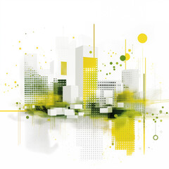 Abstract cityscape with tall houses. Abstract watercolor illustration in yellow-green tones on white background