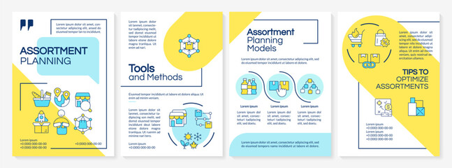 Assortment planning yellow and blue brochure template. Retail strategy. Leaflet design with linear icons. Editable 4 vector layouts for presentation, annual reports. Questrial, Lato-Regular fonts used