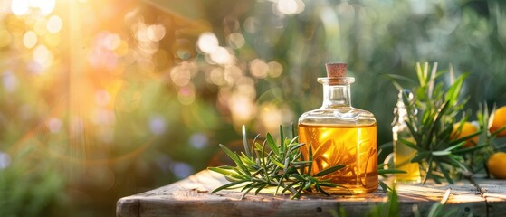 Wall Mural - Rosemary Essential Oil in a Glass Bottle on a Wooden Surface