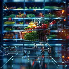 Shopping cart full of fruits and vegetables with futuristic online shopping concept, Generative AI