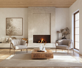 Wall Mural - Minimalist living room interior with modern fireplace. Interior mockup, 3d render	