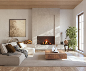 Wall Mural - Minimalist living room interior with modern fireplace. Interior mockup, 3d render	