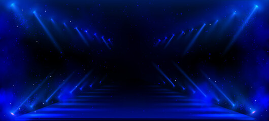 Wall Mural - black fashion runway hall with blue spotlight rays, smoke and glitter. realistic 3d vector dark catw