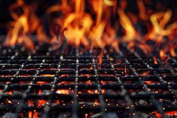 Wall Mural - A close-up shot of a grill with flames burning brightly in the background