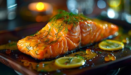 Wall Mural - a salmon fillet on a plate with lemons.