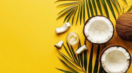 Canvas Print - Composition of coconut oil flat lay on yellow background with text space