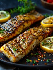 Wall Mural - grilled salmon with lemon and herbs on a black plate.