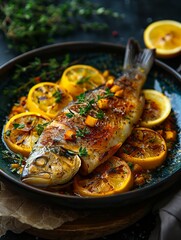 Wall Mural - a fish with lemons and herbs on a plate.