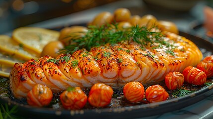 Wall Mural - a pan with salmon and potatoes on it.