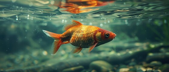 Wall Mural - A Close-up View of a Golden Fish in Water