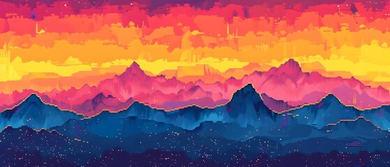 Wall Mural - Vibrant Cyber Monday Doodle Border with Glitched Pixel Landscape for Mockup