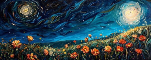 Wall Mural - Starry night sky over field of wildflowers with swirling brushstrokes