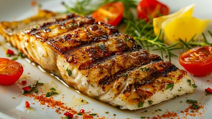 Wall Mural - grilled fish with tomatoes and herbs on a white plate.
