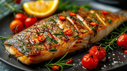 Wall Mural - grilled salmon with lemon and tomatoes on a black plate.