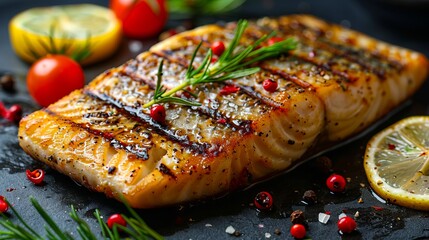 Wall Mural - grilled salmon with lemon, rosemary and tomatoes.