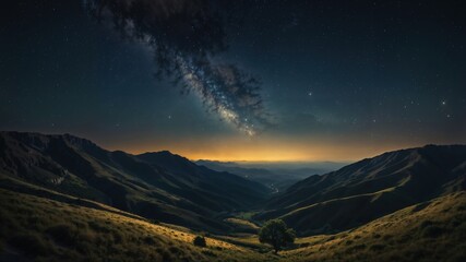 Wall Mural - the milky way stretches over hills and a lone tree in the dark