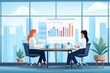 © Thaniya - Two female business professionals reviewing data in modern office with cityscape views, charts graphs are displayed on screen, analysis, strategy, collaborative corporate environment.