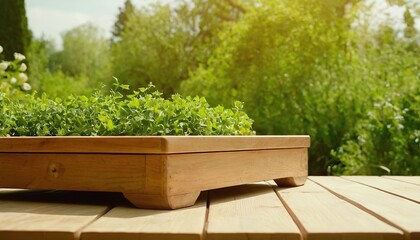 blank wooden table on green summer park background banner
